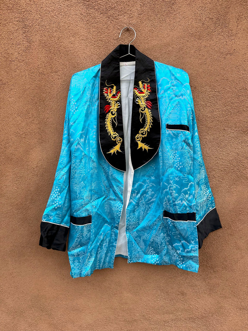 Blue Silk Traditional Chinese Robe with Golden Dragons