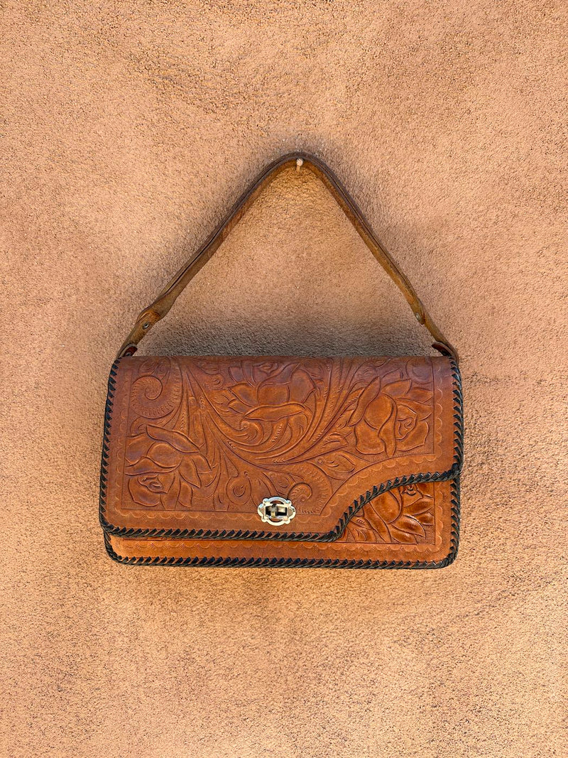 Large Hand Tooled Leather 1960's Purse with Adjustable Strap
