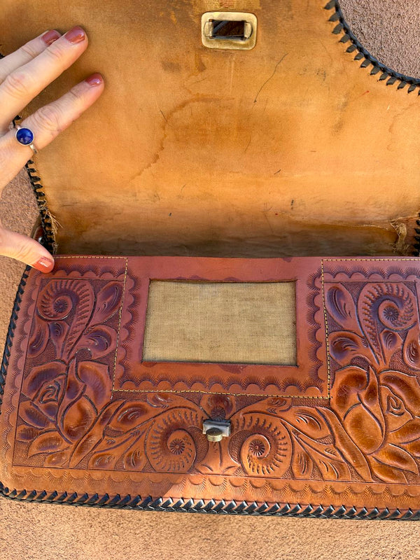 Large Hand Tooled Leather 1960's Purse with Adjustable Strap
