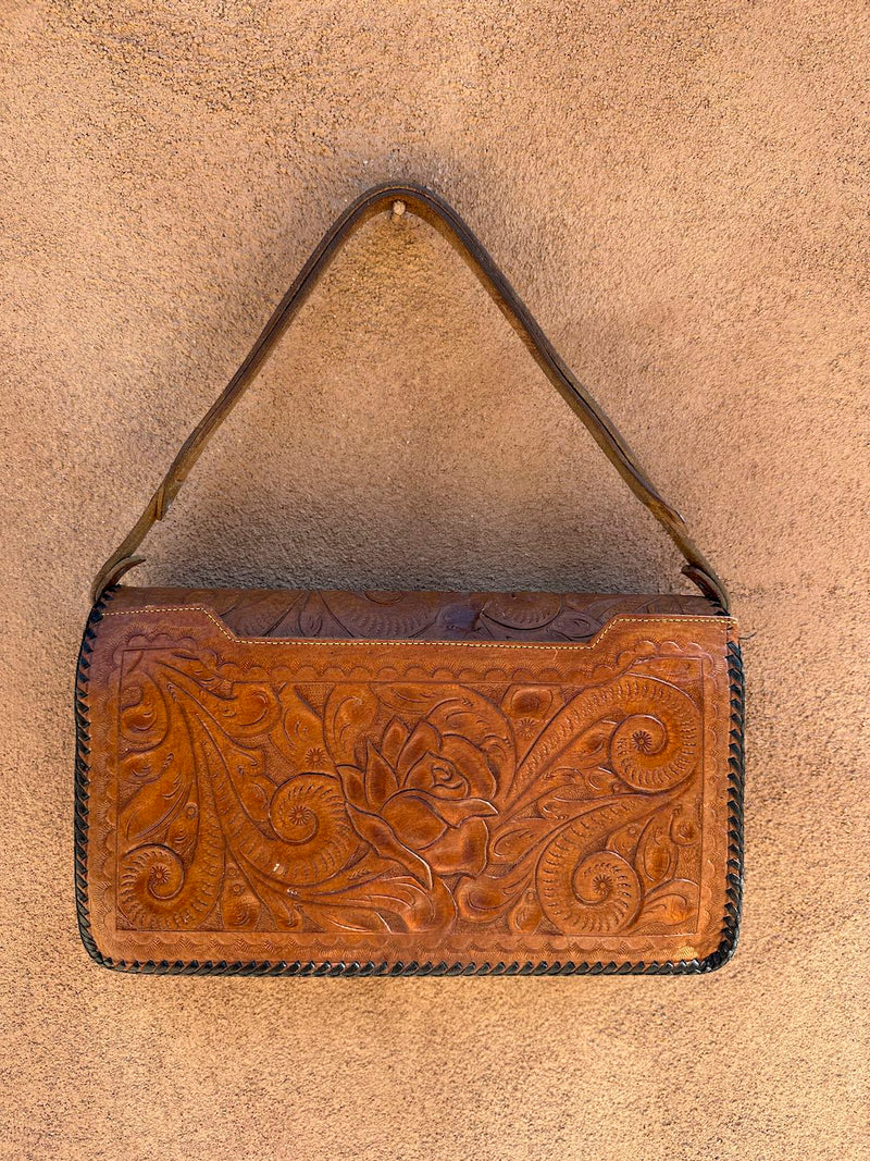 Large Hand Tooled Leather 1960's Purse with Adjustable Strap
