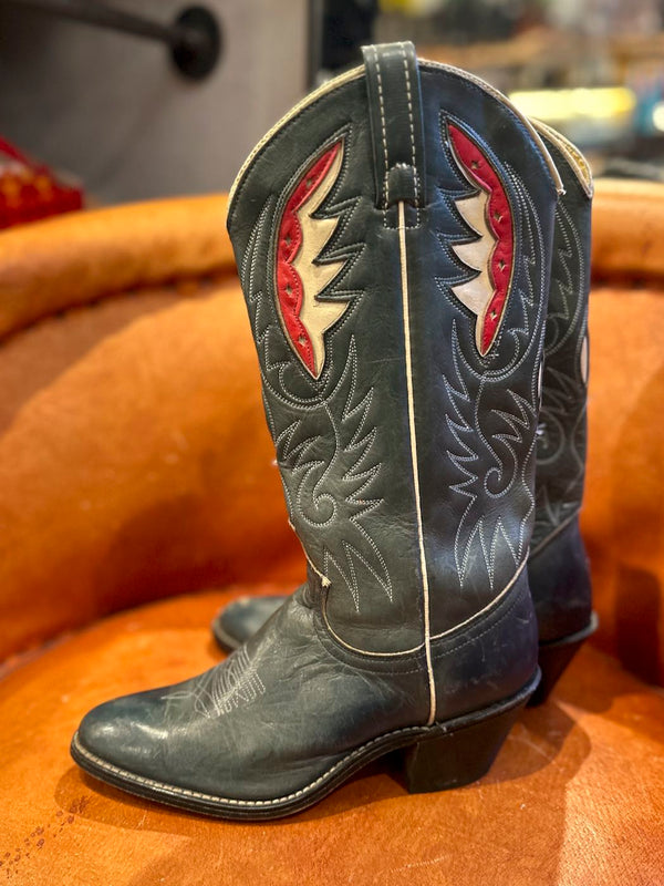 1970's ACME Teal Boots with Feather Inlay 6.5C