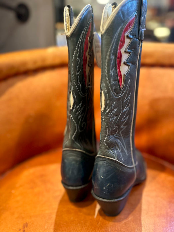 1970's ACME Teal Boots with Feather Inlay 6.5C