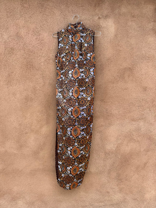 70's Sleeveless Maxi Dress, Floral Metallic Print