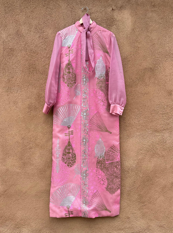 Alfred Shaheen "Hand Painted" Pink Maxi Dress with Sheer Sleeves