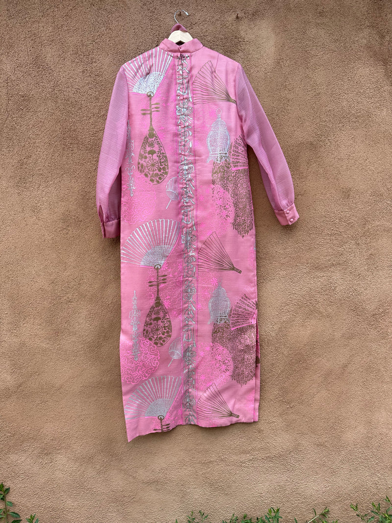 Alfred Shaheen "Hand Painted" Pink Maxi Dress with Sheer Sleeves