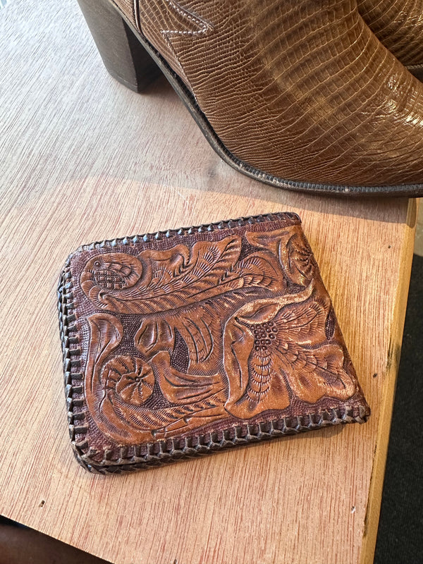 Tooled Leather Wallet with Leather Braid - "DMW"