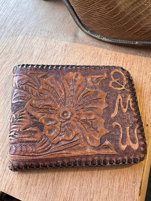 Tooled Leather Wallet with Leather Braid - "DMW"