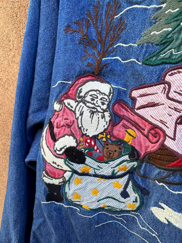 Embroidered Denim Karen Scott Santa Button Up Blouse - Christmas Top