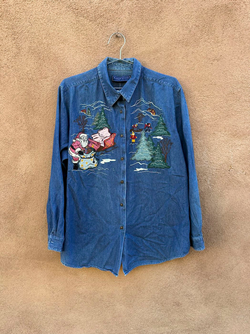 Embroidered Denim Karen Scott Santa Button Up Blouse - Christmas Top