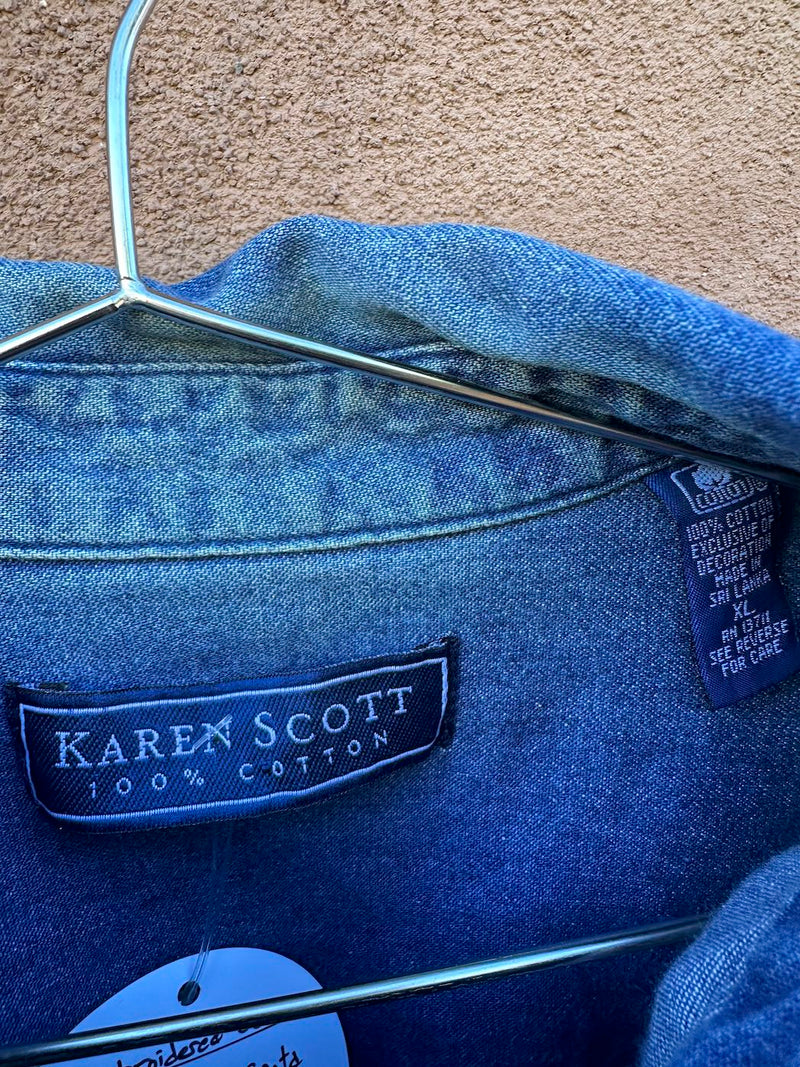 Embroidered Denim Karen Scott Santa Button Up Blouse - Christmas Top