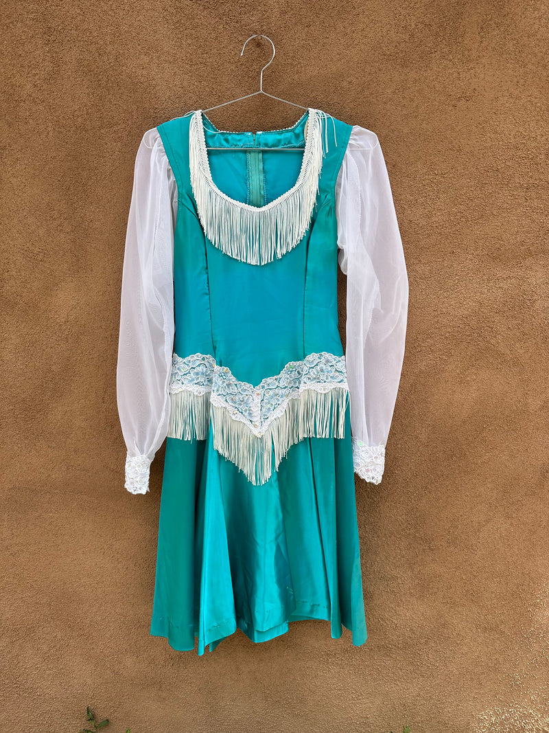 1950’s Blue Satin Rodeo Queen Dress with Fringe and Sheer Sleeves