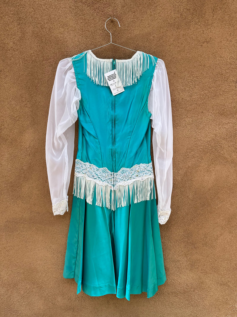 1950’s Blue Satin Rodeo Queen Dress with Fringe and Sheer Sleeves