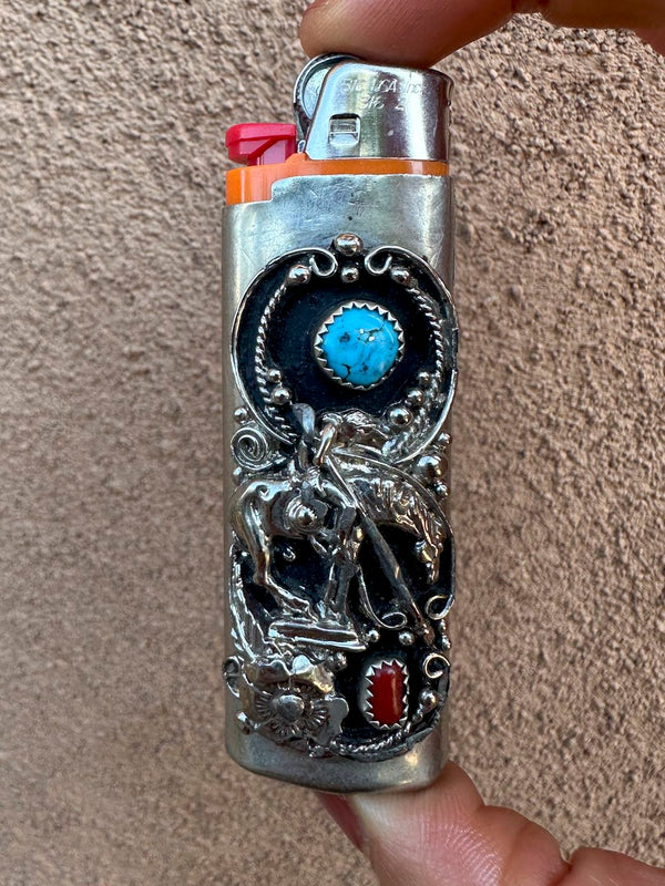 Silver, Turquoise and coral Lighter Holder