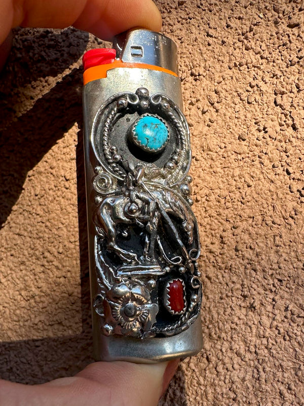 Silver, Turquoise and coral Lighter Holder
