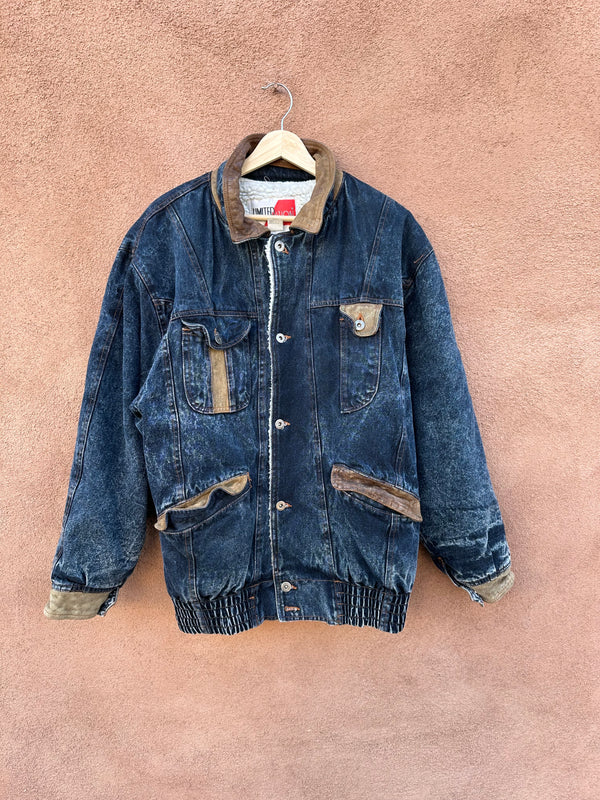 Sherpa Limited Edition Stone Wash Denim Bomber Jacket with Leather Detail