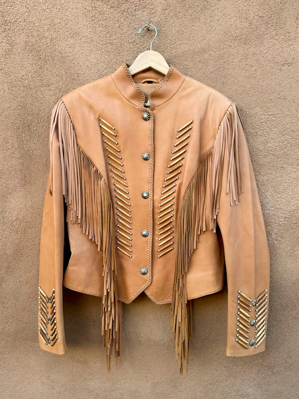 Women's Soft Brown Leather Western Fringe Jacket with Bone Piping and Conchos