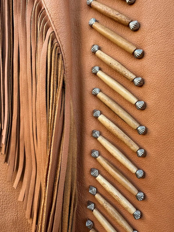 Women's Soft Brown Leather Western Fringe Jacket with Bone Piping and Conchos