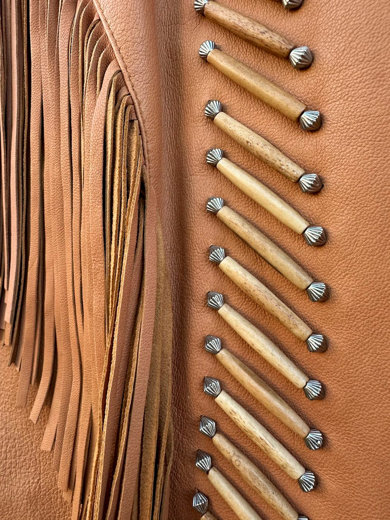 Women's Soft Brown Leather Western Fringe Jacket with Bone Piping and Conchos