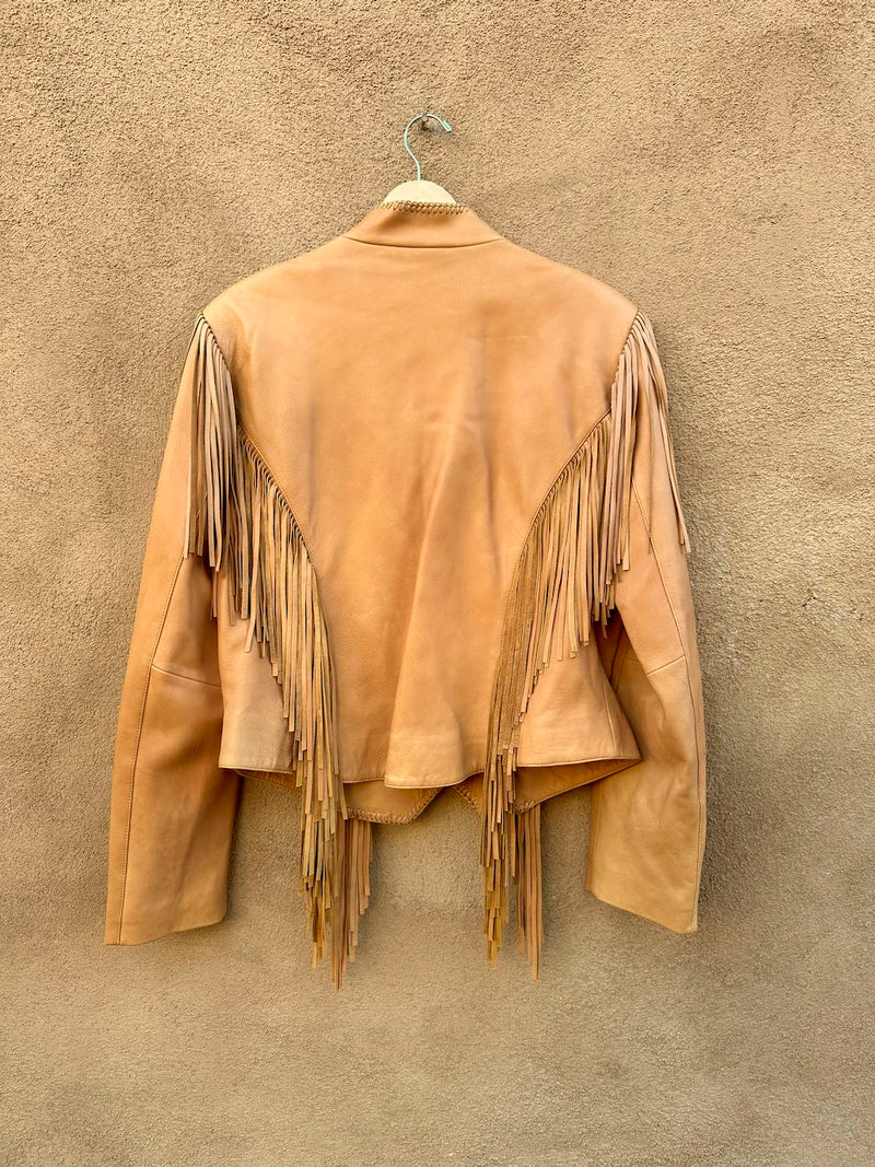 Women's Soft Brown Leather Western Fringe Jacket with Bone Piping and Conchos