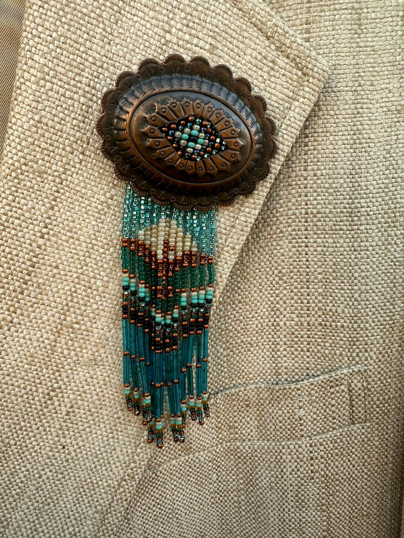 Linen Cricketeer Blazer with Ikat Detail & Beaded Concho Pin