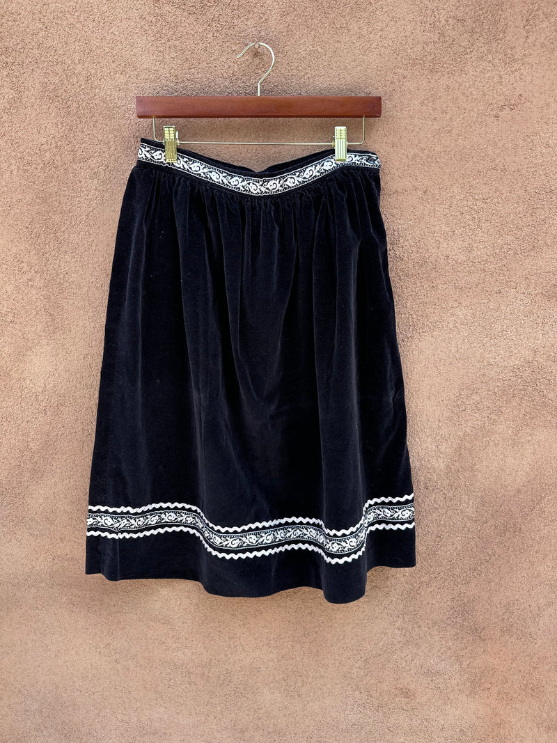Black Velveteen Patio/Fiesta Skirt with White Rik Rak