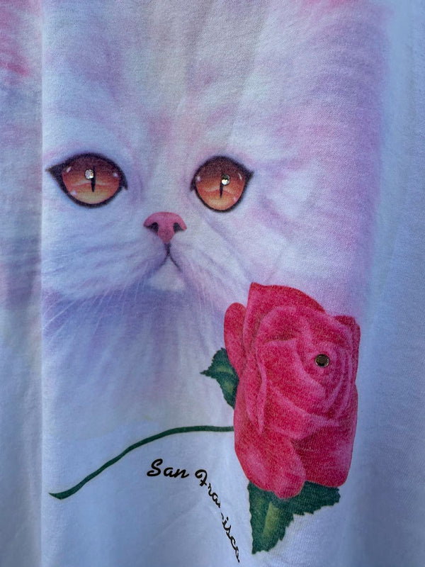 Pink Cat and Rose with Rhinestones T-shirt - San Francisco