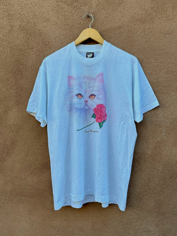 Pink Cat and Rose with Rhinestones T-shirt - San Francisco