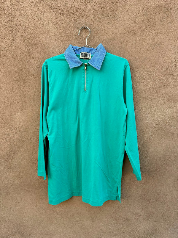 Forenza Teal Long Sleeve Top with Denim Collar