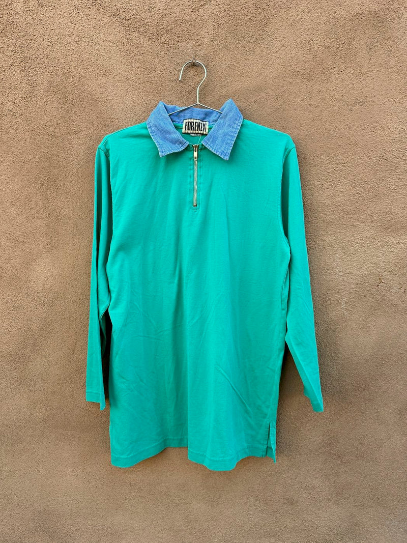 Forenza Teal Long Sleeve Top with Denim Collar