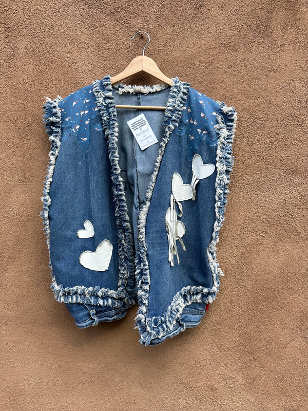 Denim Vest with Leather Hearts, Handmade from Jeans