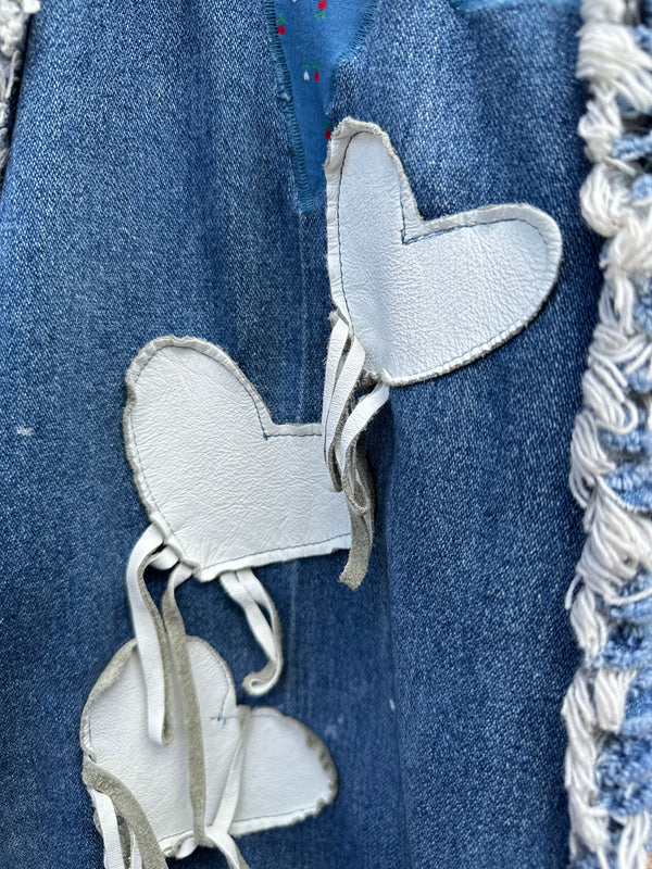 Denim Vest with Leather Hearts, Handmade from Jeans