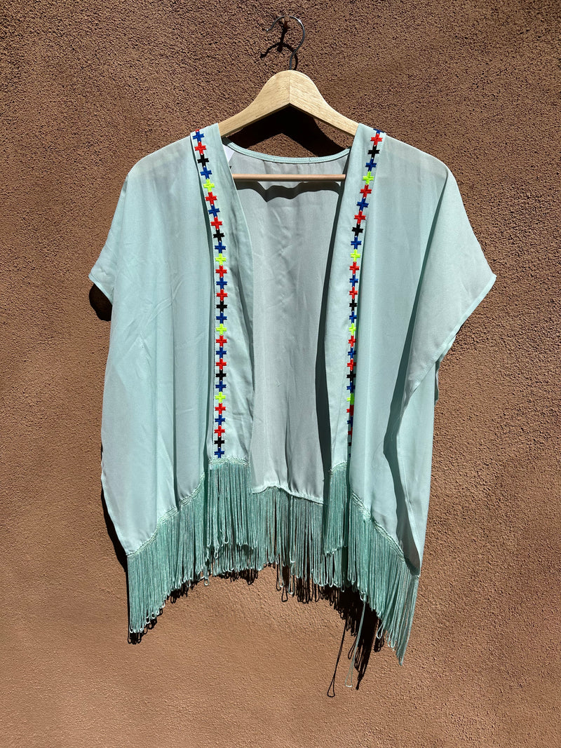 Sheer Sky Blue Southwestern Style Blouse with Fringe