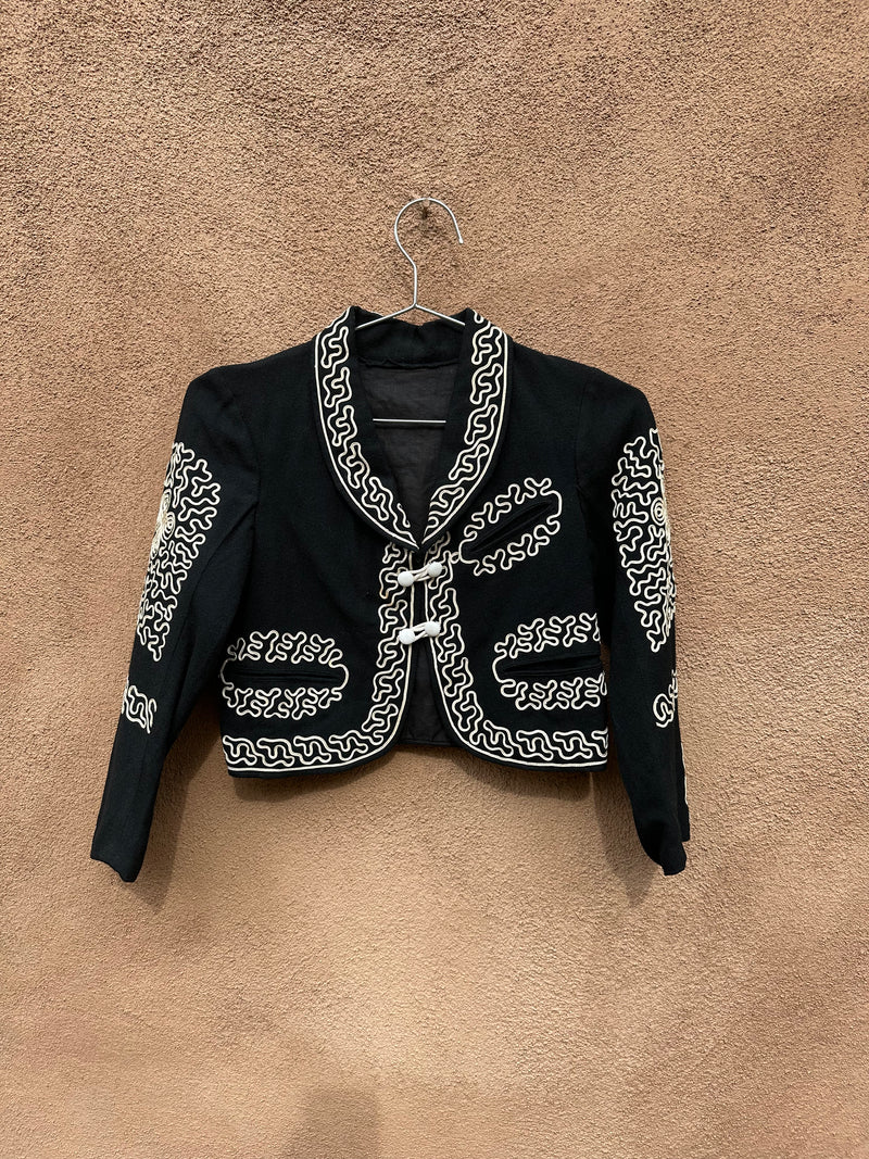 Black Wool Bolero Jacket with White Piping - XS