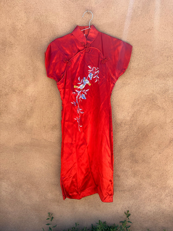 Red Silk Qipao with Bird Embroidery - As is
