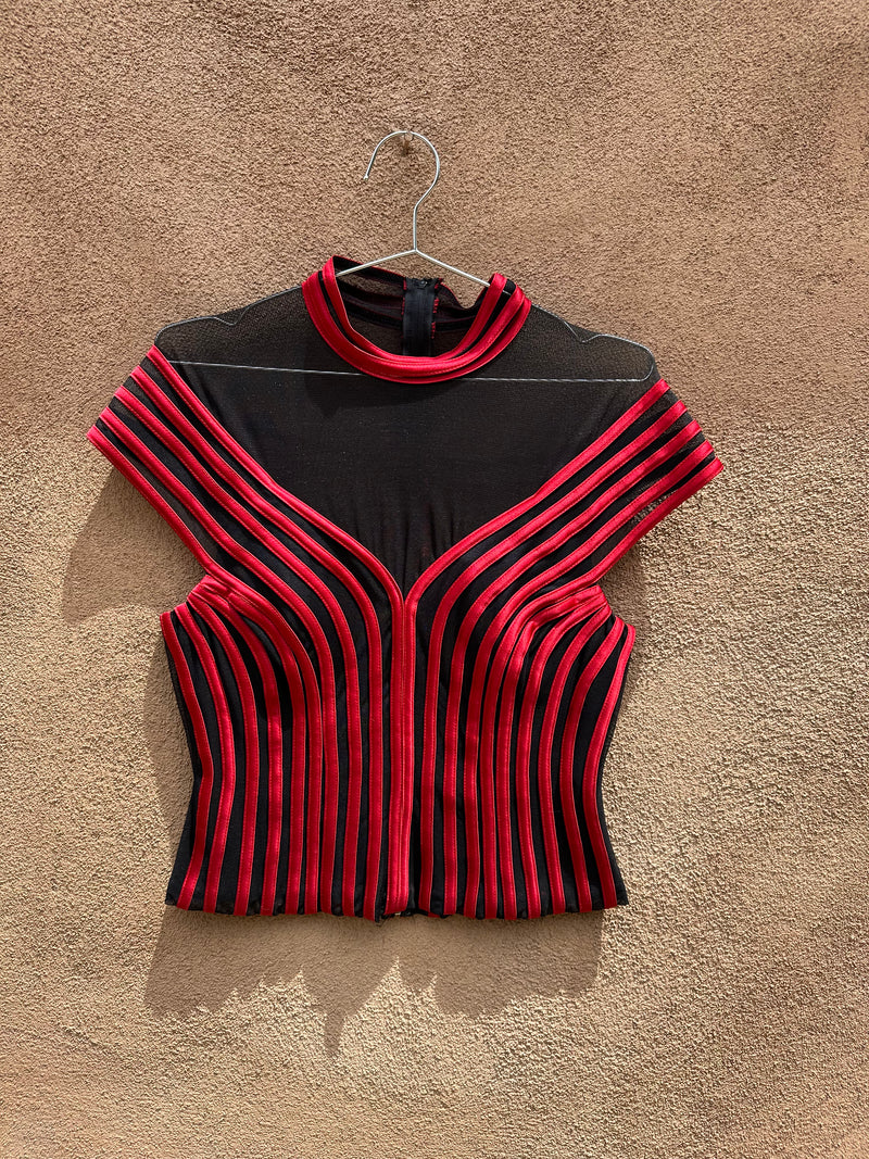 Red Satin Stripe and Black Sheer Blouse