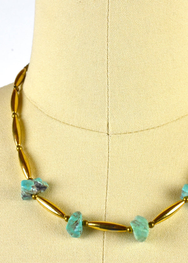 Gold Metal Choker Necklace with Chunky Raw Turquoise