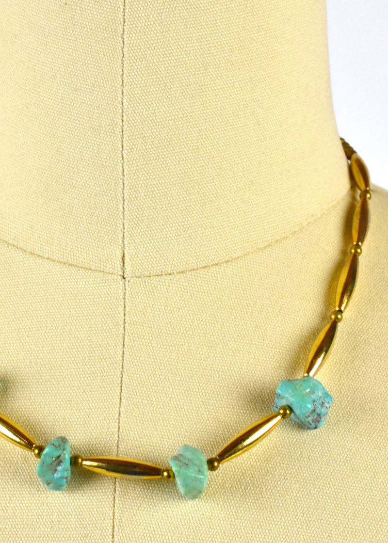 Gold Metal Choker Necklace with Chunky Raw Turquoise