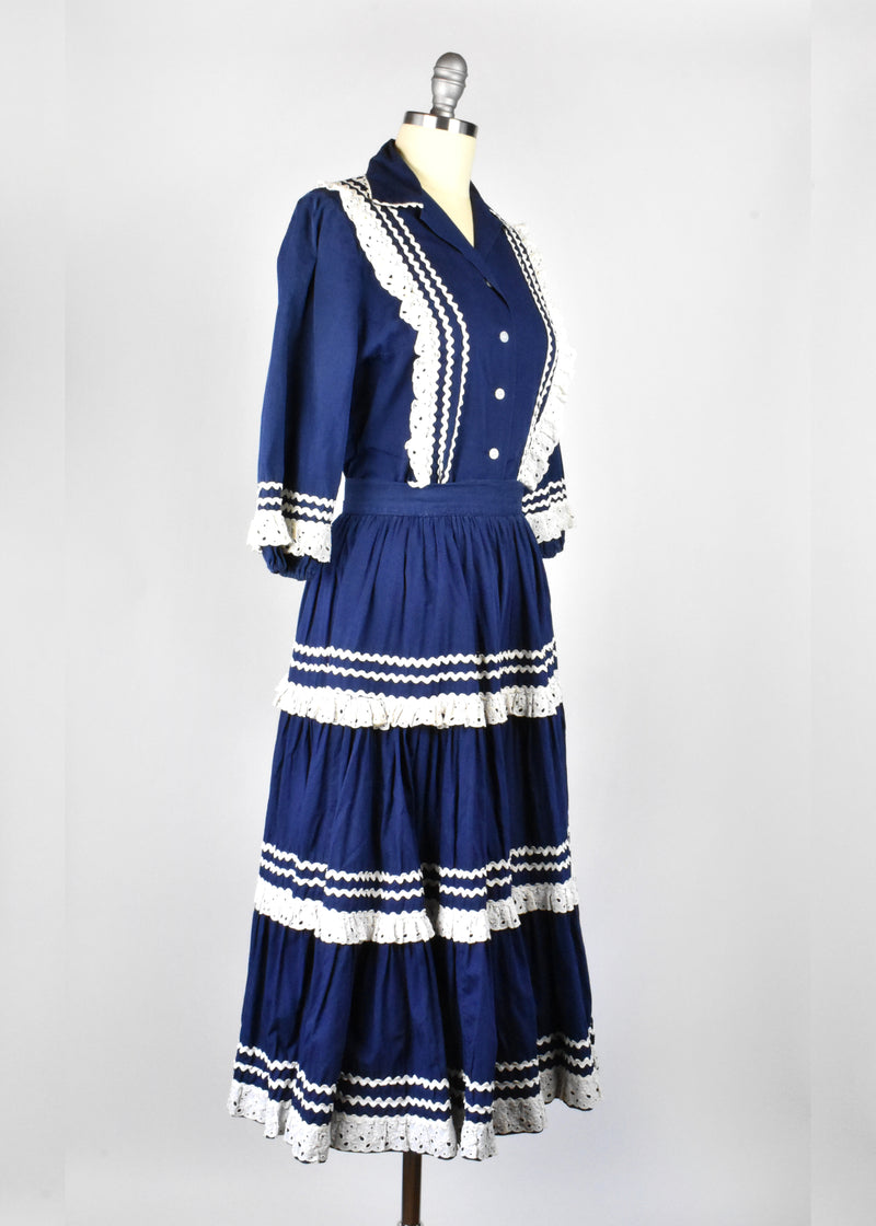1950's Navy Blue and White Fiesta Dress