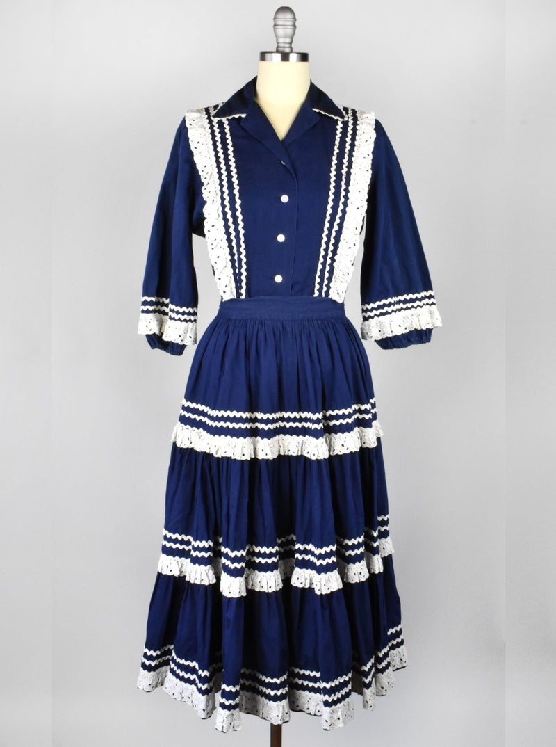 1950's Navy Blue and White Fiesta Dress