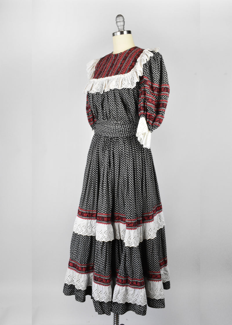 Vintage Prairie Dress in Black, Red, and White