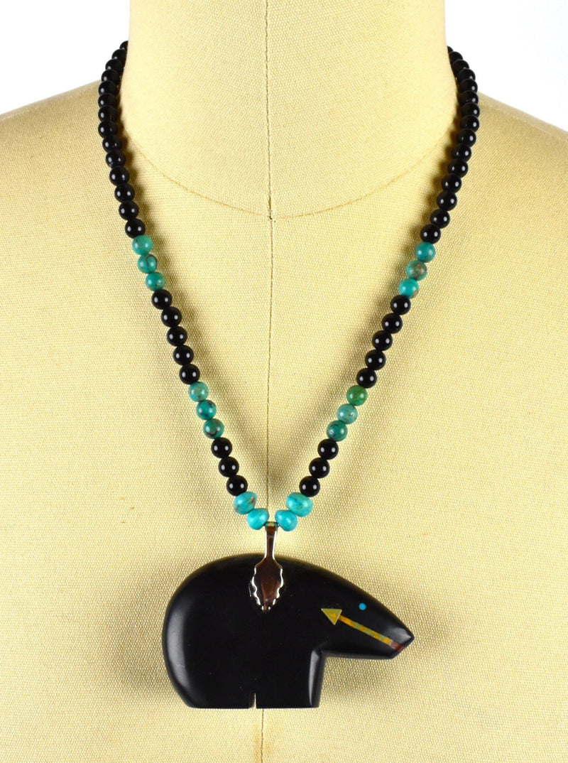 Vintage Zuni Black Bear Fetish Pendant with Turquoise by Navajo Artist Henry Yazzie