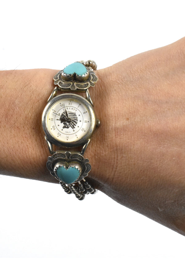 Sterling Silver Layered Watch Band with Turquoise Hearts