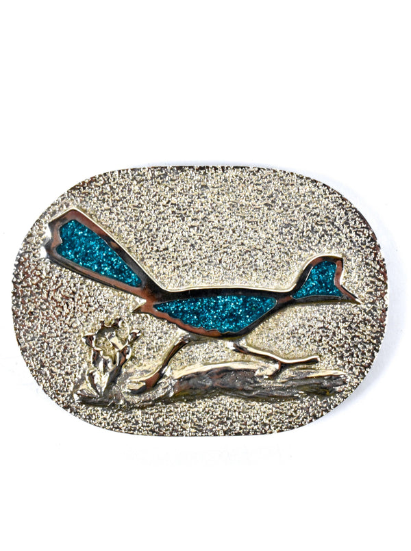 Vintage Silver Buckle with Turquoise Glitter Roadrunner
