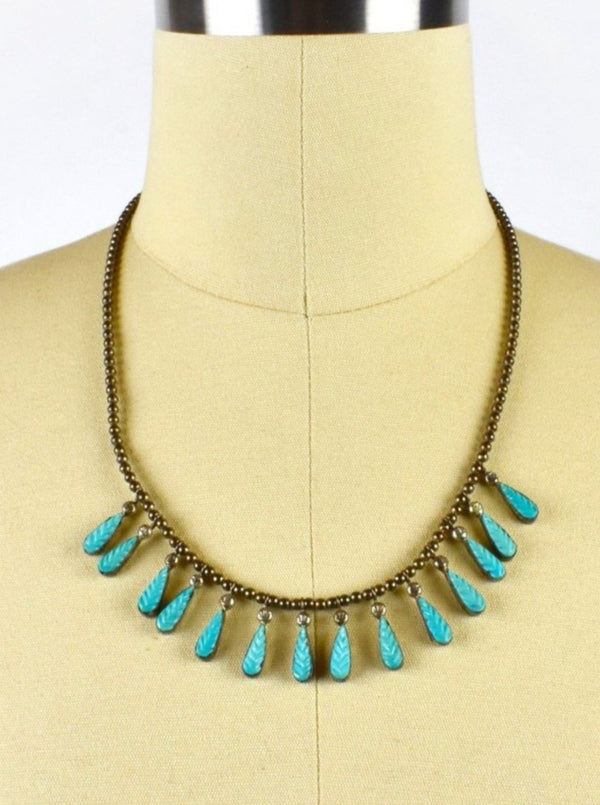 Vintage Leaf Turquoise Necklace Set in Sterling Silver with Silver Beadwork Strand