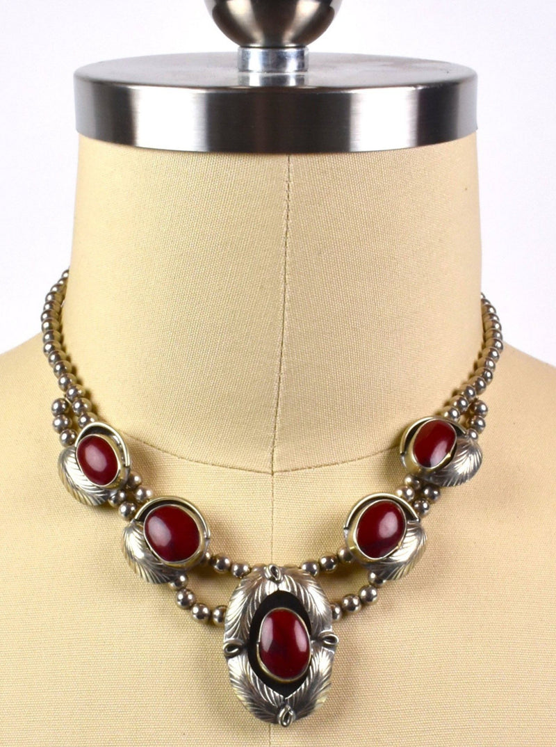 Southwestern Necklace - Squash Blossom Style with Sterling Silver Feathers and Red Jasper Stones