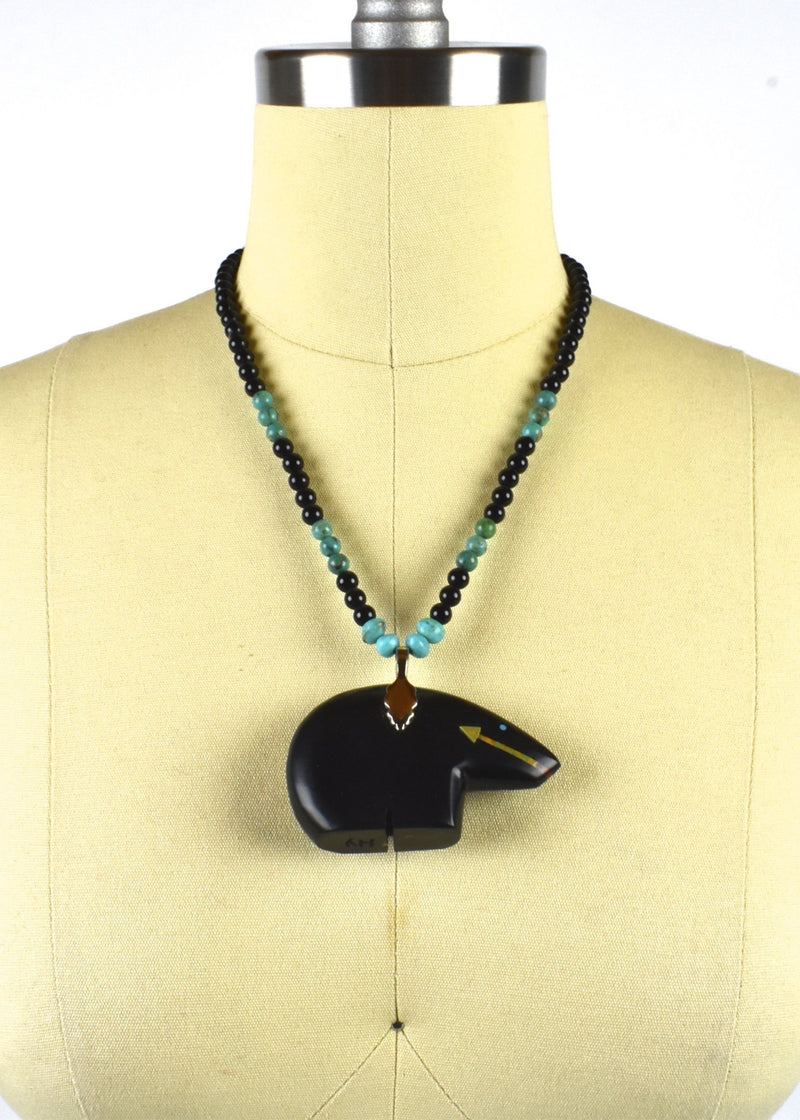 Zuni Black Bear Fetish Pendant with Turquoise by Navajo Artist Henry Yazzie