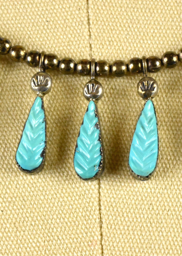 Leaf Turquoise Necklace Set in Sterling Silver with Silver Beadwork Strand