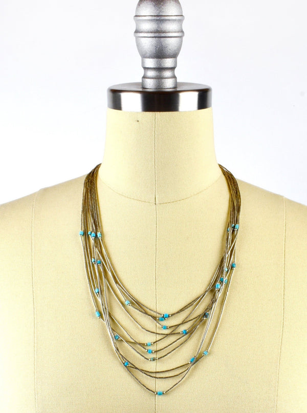 10 Strand Sterling Silver Layered Necklace with Turquoise Beadwork
