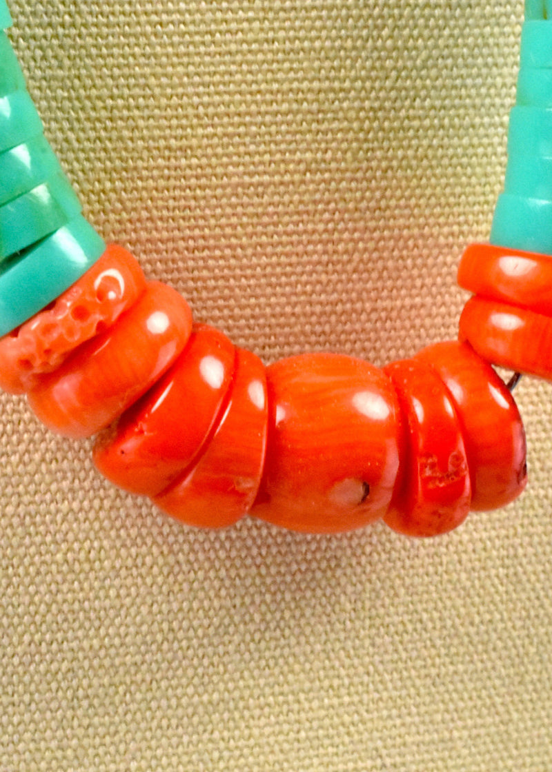 Old Pawn Santo Domino Turquoise Kewa Necklace with Coral and Amazonite in Copper