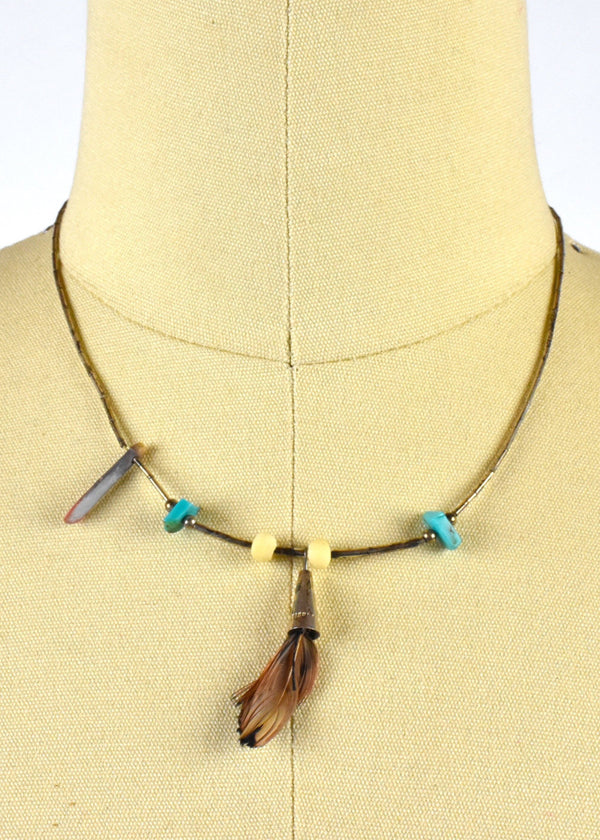 Southwestern Choker Necklace with Feather, Stone, Turquoise and Sterling Silver